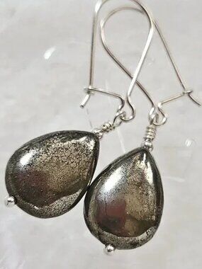 Pyrite Teardrop Earrings 925 Sterling Silver Genuine Gemstone Jewelry